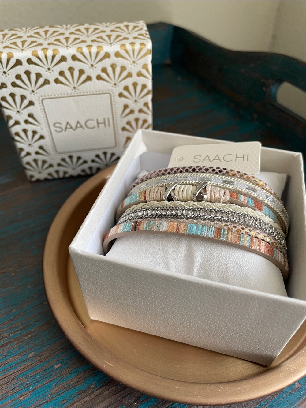 Wrap Bracelet Boho Coastal Multi Strand / media- silver, Cream, Turquoise - Picture 8 of 9